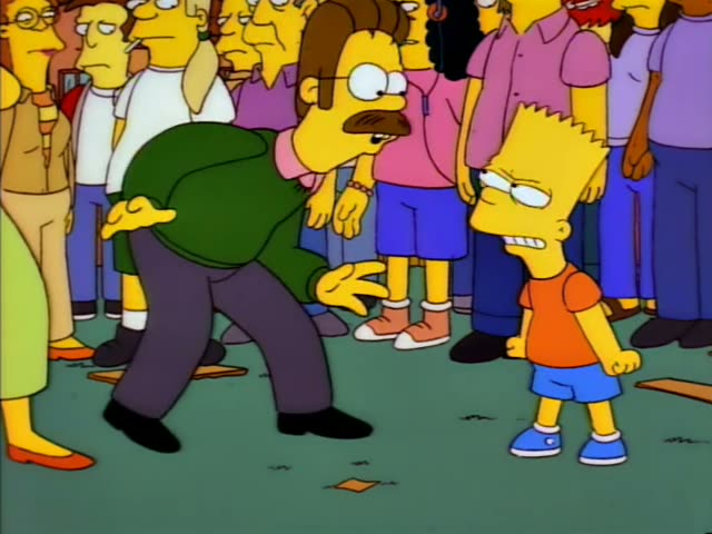 Ned Flanders stands among a crowd of onlookers on a grassy lot facing Bart, who wears an orange shirt and blue shorts