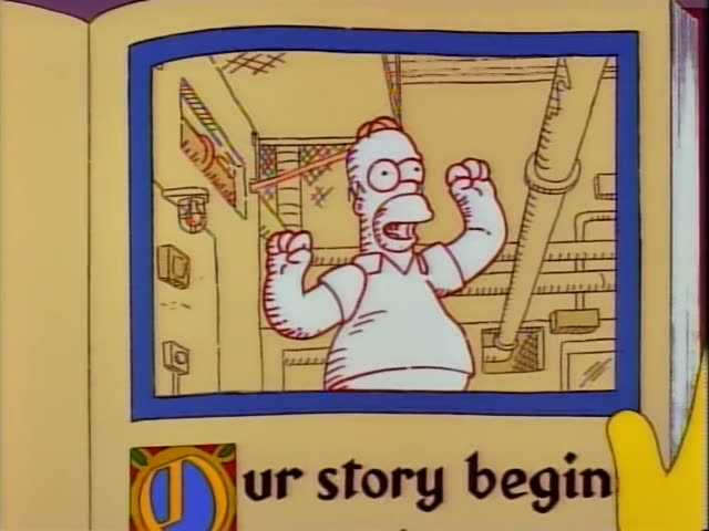 Homer Simpson first appears drawn in a storybook panel, pumping his fists and shouting beside a book page…