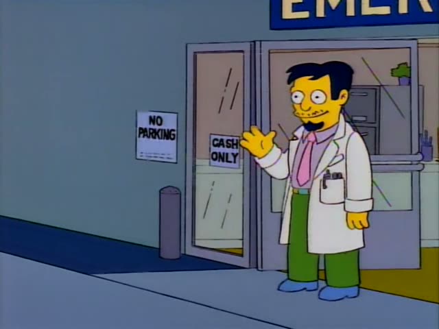 A bearded doctor in a white coat and pink tie waves beside an emergency room door marked CASH ONLY then holds a fistful…