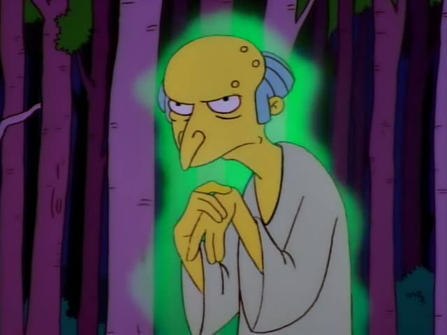 Mr. Burns stands glowing in a green aura among purple forest trees, first with his hands clasped and scowling, then raising…