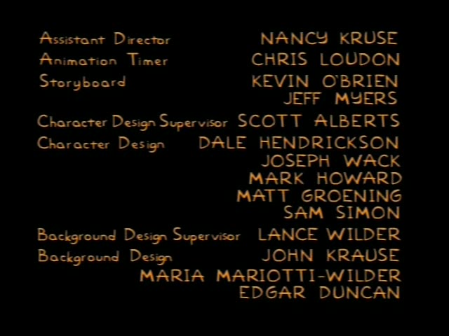 This is a black-screen credit roll in orange lettering for a The Simpsons episode
