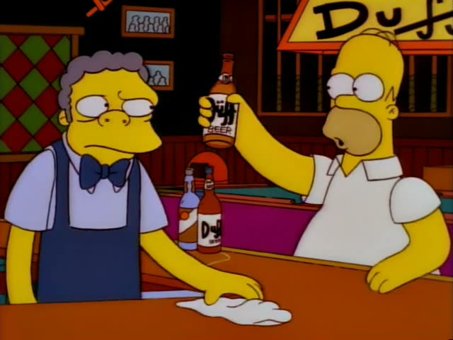 Moe and Homer stand at a bar under a yellow Duff sign