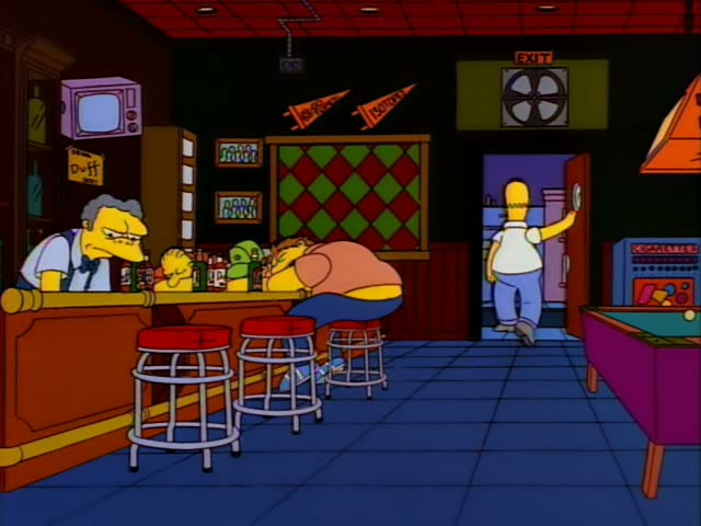 Homer is seen at a bar where Moe stands behind the counter beside Barney, the heavy drunk with messy brown hair slumped…