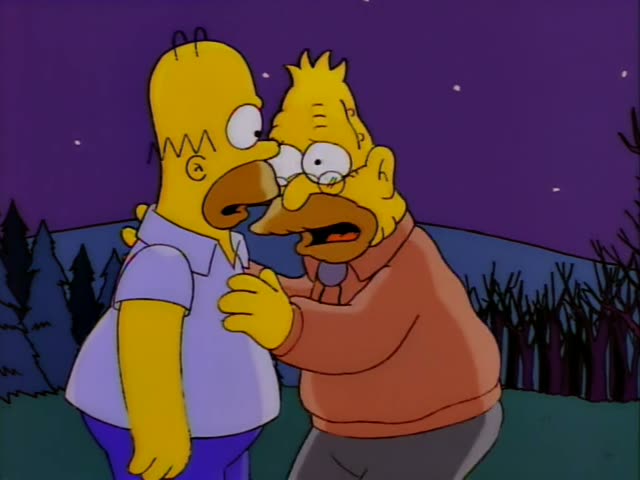 Homer stands at night under a purple sky with an elderly man who has glasses, a moustache, spiky white hair and an orange…