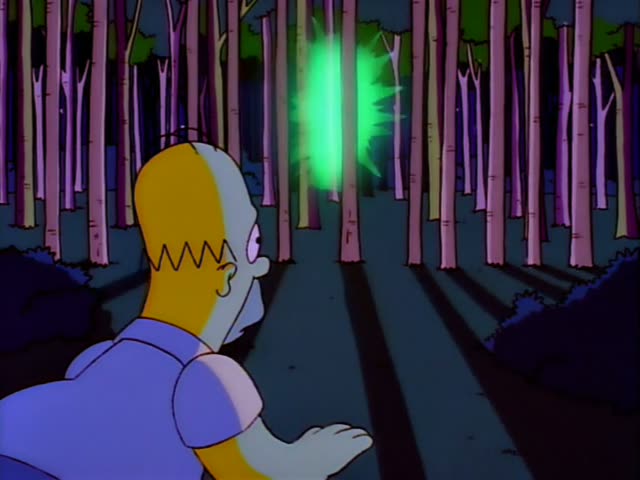 Homer is seen from behind on the left side of a dim forest of pink-purple trees, staring at a glowing green vertical portal…