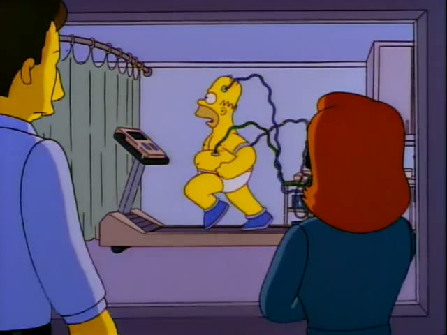 Homer Simpson runs on a treadmill in a lab-like room while two unnamed observers watch through a window: a man with short…