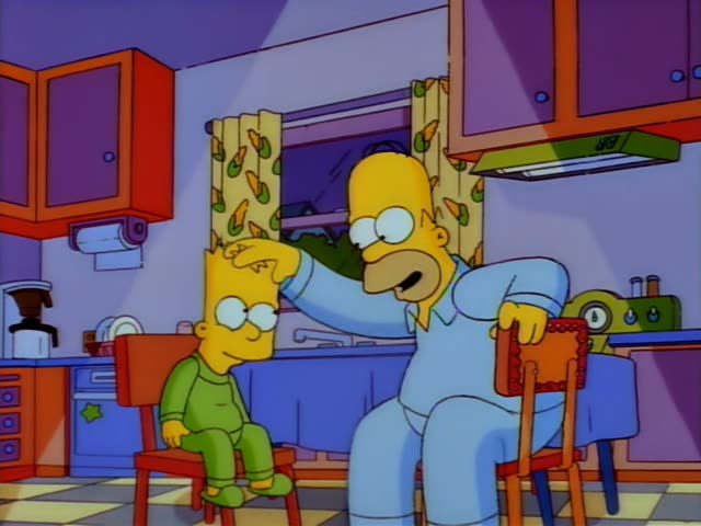 Homer Simpson and Bart Simpson are in the Simpsons' kitchen, with Bart seated on a red chair by the counter