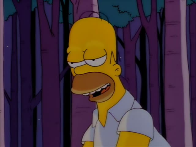 Homer and Bart stand in a purple forest at night beside a small campfire