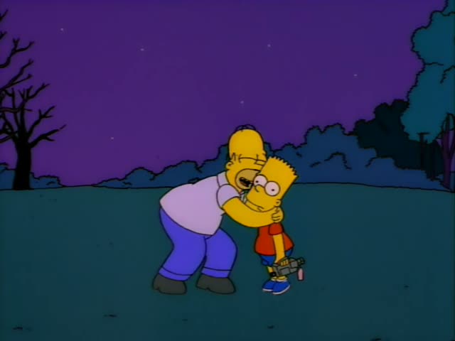 Homer and Bart stand on a dark grassy field under a purple night sky