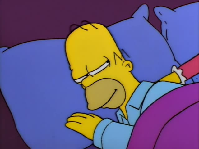 Homer lies in bed under a purple blanket with blue pillows, first asleep and then with his eyes half-open and a sly grin…