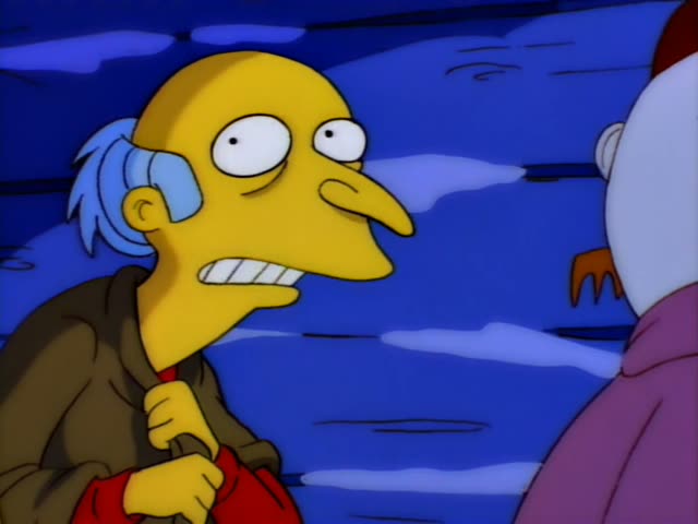 Mr. Burns and Homer stand against a dark blue wooden wall at night