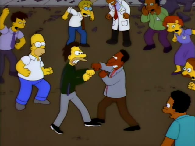 Lenny and Carl, a Black man in a grey coat and brown trousers, trade punches on a dirt lot while Homer in his white shirt…