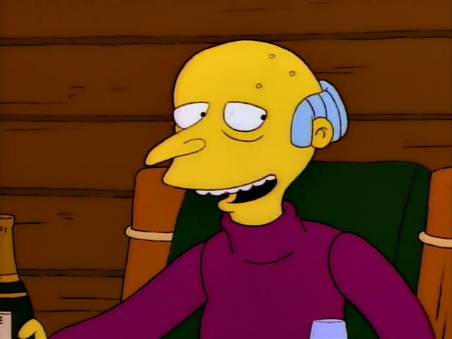 Mr. Burns and Homer sit in green armchairs against a wood-paneled wall