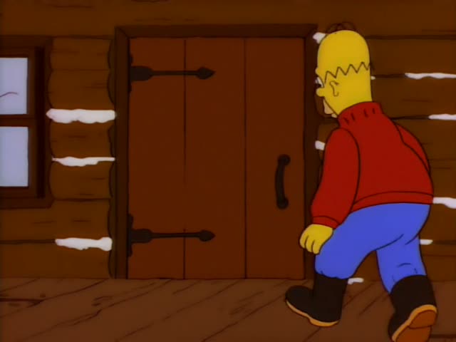 Homer walks up to the wooden door of a snow-dusted log cabin and opens it to find a huge snowdrift filling the doorway