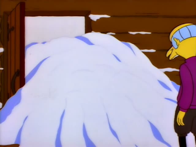 Mr. Burns stands outside a log cabin beside a large snow drift in which Homer is buried up to his head