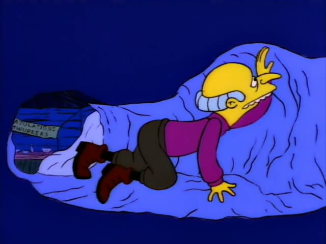 Mr. Burns and Homer are inside a blue tunnel lined with a wrinkled blue fabric