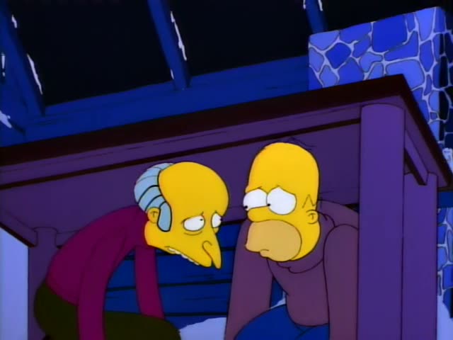 Mr. Burns and Homer are huddled together under a purple wooden shelter in a dark, snowy blue setting with a blue stone…