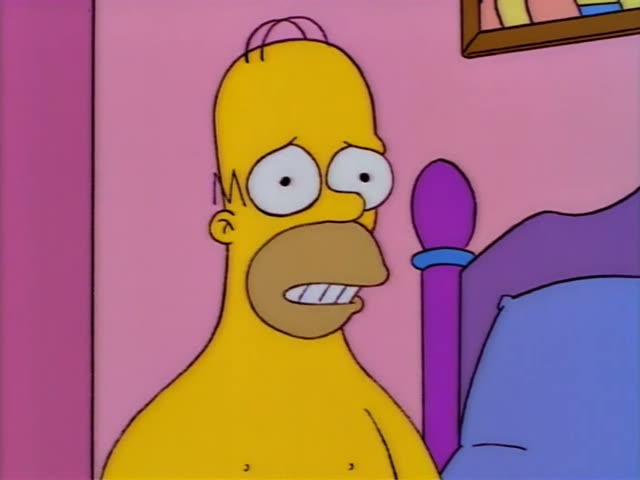 Homer and Marge are in a pink bedroom beside a purple bedpost and a blue pillow
