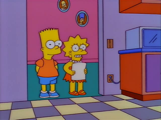 Bart and Lisa stand side by side in a kitchen with a checkered floor, Lisa holding a sheet of paper, while Homer laughs…