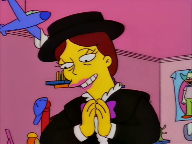 An unnamed woman with a black wide-brimmed hat, reddish hair, a black dress with a purple bow, and a blue skirt stands…