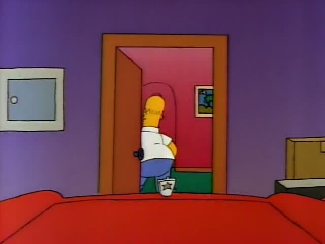 Homer, Marge, Bart, Lisa and Maggie are outside the family's house, where Homer lifts one leg to step through the arched…
