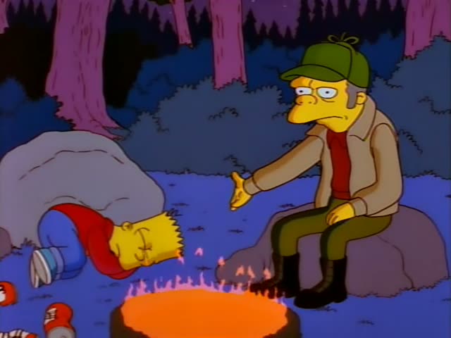Bart lies sleeping by a campfire in a red scarf while a thin, unnamed man in a green cap and tan jacket sits on a rock…
