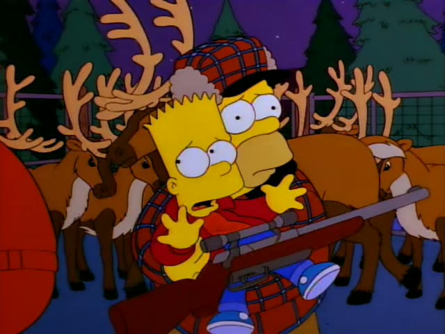 Bart and Homer stand wide-eyed and cowering among a crowd of reindeer while a brown-haired man in a red jacket and hat…
