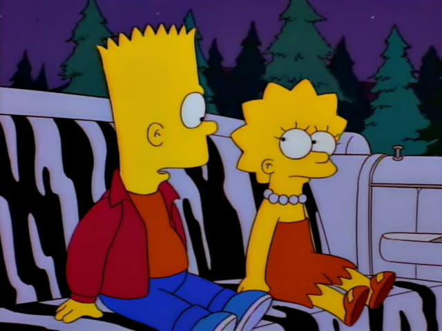 Bart and Lisa sit side by side on a zebra-striped couch outdoors, with dark pine trees and a purple night sky behind them