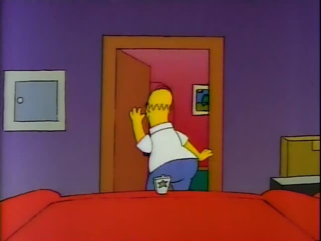 A partly hidden figure in blue pants and a yellow arm peeks from a doorway into a purple-walled bedroom with a red bed…