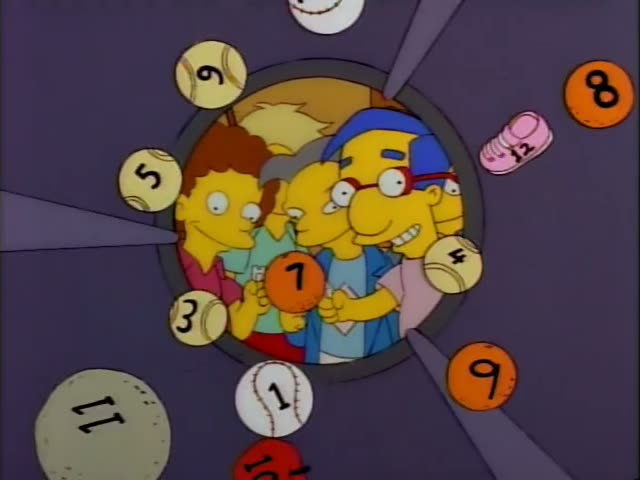 Bart and Milhouse, along with a curly red-haired kid in a pink shirt and a blond boy in a green shirt, crowd together…
