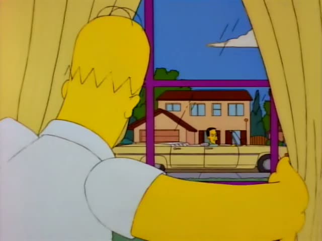 Homer pulls back the yellow curtains to look out at a dark-haired man in a light blue shirt behind the wheel of a yellow car…