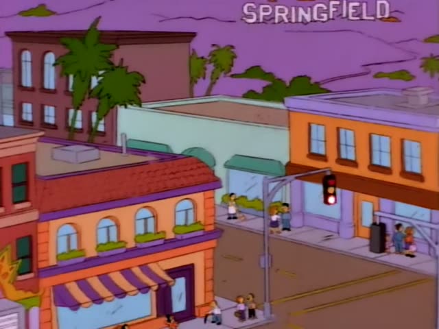 Homer drives a yellow convertible carrying Marge with her tall blue beehive, Lisa in her red dress, Bart in his orange…