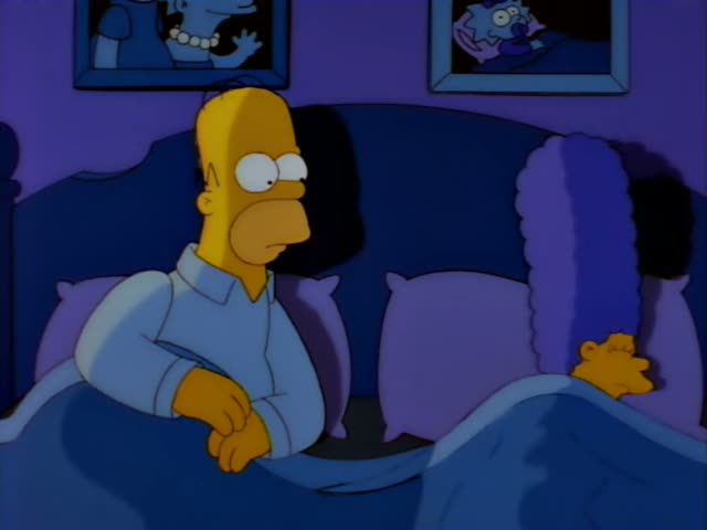 Homer lies awake in bed beside Marge's tall blue beehive, wide-eyed and worried, then climbs out and walks down a pink…
