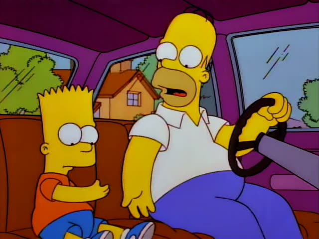 Homer and Bart are first seated in a purple car, Homer gripping the steering wheel while Bart sits beside him