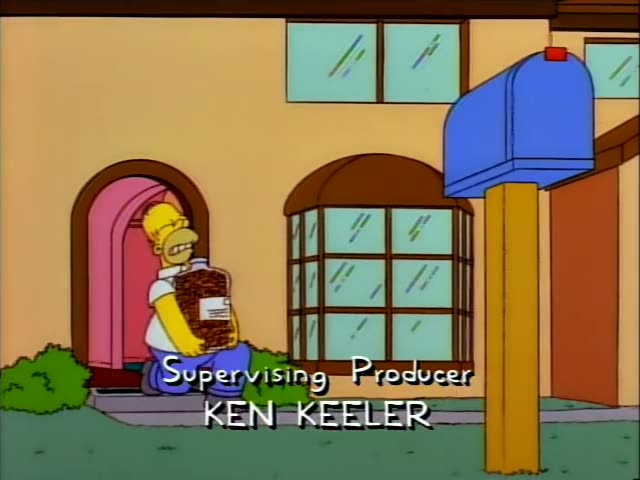 Homer hugs a large jar of brown cookies with a white label outside a house with a pink arched doorway and a blue mailbox…