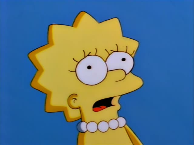 Lisa Simpson sits at a table in her room, first looking wide-eyed and startled, then holding an orange telephone receiver…