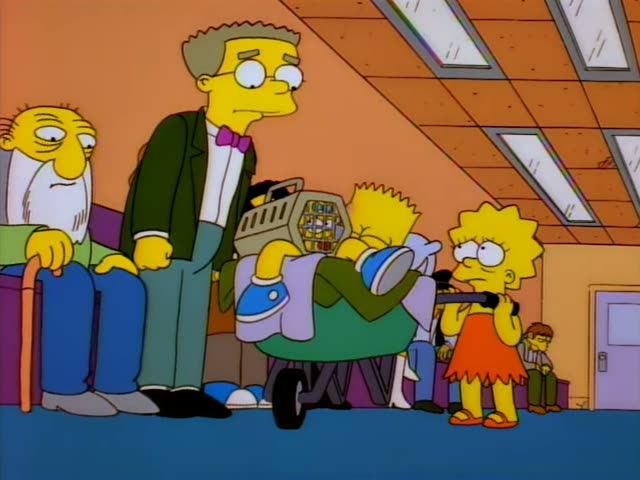 Principal Skinner stands beside Grampa, a wrinkled old man with white tufts and a white beard who sits on a bench with a cane