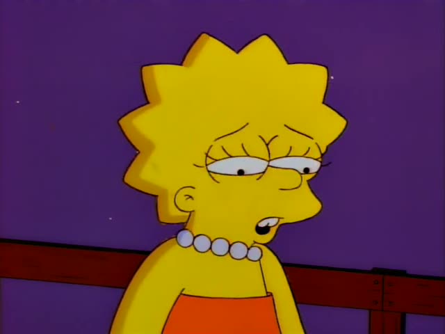 Lisa Simpson stands beside Chief Wiggum, the fat police chief in a blue uniform and cap, as he raises a flashlight in a dark…