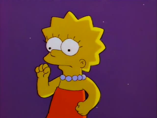 Lisa appears first with her hands clasped near her chin and eyes narrowed, then hurries along a purple-walled space…