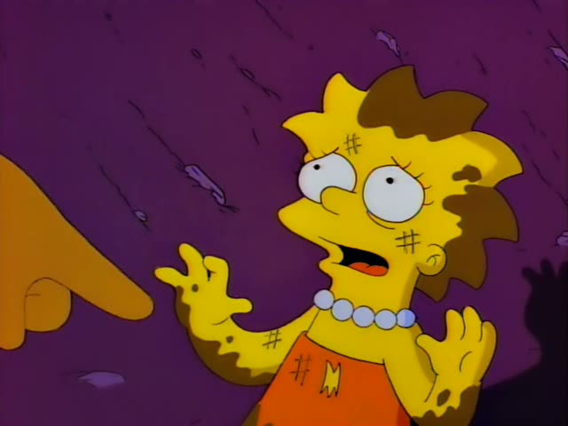 Lisa Simpson first stands in a purple nighttime scene, then is seen on a wooden bridge facing a crowd of townspeople…