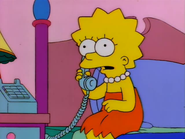 Lisa Simpson sits on a bed holding a blue telephone to her ear beside a purple bedpost and a cash-register-like device…