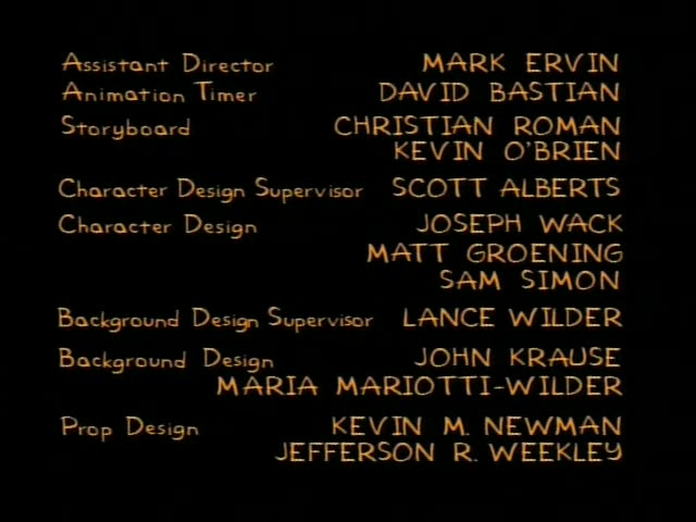A sequence of end credits on a black background in orange lettering