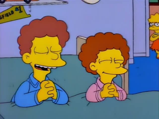 Lisa stands in a doorway with her arms crossed and watches two curly-haired characters with auburn hair, a man in a blue…