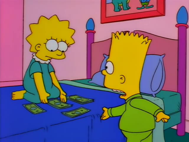 Lisa sits on a blue bedspread with several dollar bills spread out in front of her, while Bart stands beside the bed…