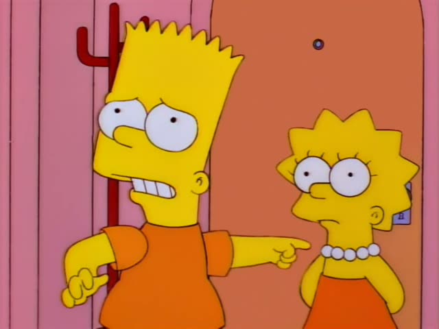 Bart and Lisa stand together beside a pink wall with a red coat rack and an orange door