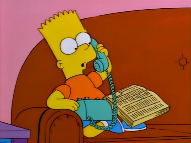Bart Simpson sits on a brown couch with a teal rotary telephone to his ear and a large open phone book on his lap