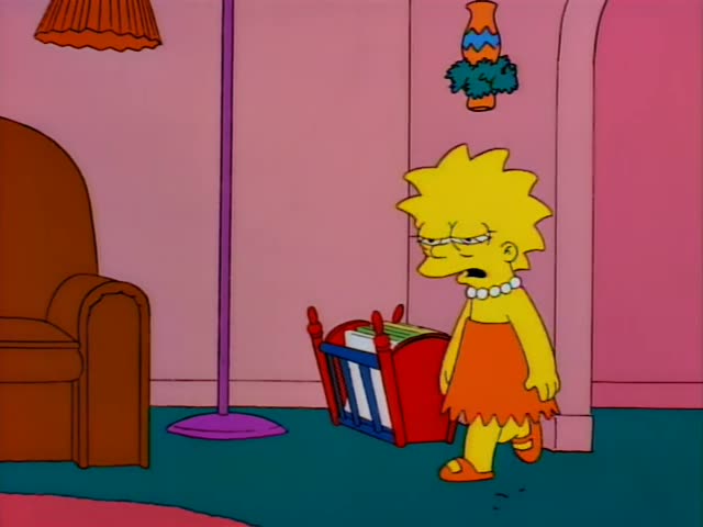 Lisa Simpson and Bart Simpson are in the living room beside a brown sofa, a purple lamp, and a teal telephone