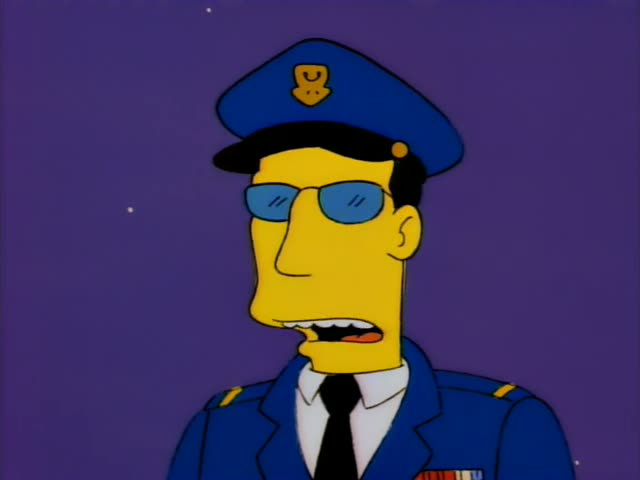 Lisa Simpson, Bart Simpson, and Krusty the clown appear in this scene, along with a uniformed officer with sunglasses…