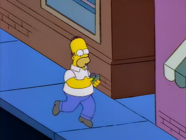 Homer runs along a blue sidewalk past a pink storefront with a green-and-white striped awning, clutching a wad of green…