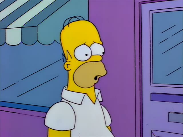 Homer and Chief Wiggum stand outside a storefront with a striped awning and a glass door beside a purple wall